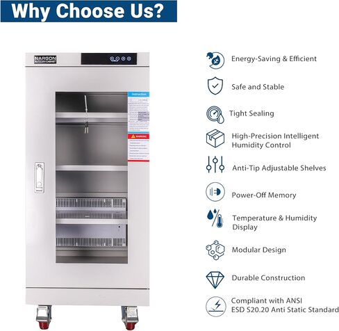 خزانة NARGON 2-40% RH 160L الإلكترونية الجافة، خزانة تجفيف ESD لتخزين العدسات البصرية، مجموعات РСВ، الرقاقة، المكونات الإلكترونية، أشباه الموصلات، المواد الكيميائية المخبرية، موديل NMC161B in Kuwait