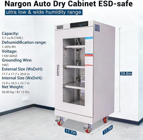 خزانة NARGON 1-20% RH 160L الإلكترونية الجافة، خزانة تجفيف ESD لتخزين العدسات البصرية، تجميعات РСВ، الرقاقة، المكونات الإلكترونية، أشباه الموصلات، المواد الكيميائية المخبرية، موديل NMC161C in Kuwait