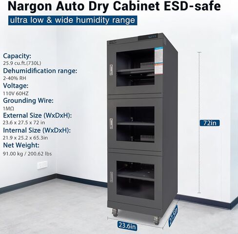 خزانة NARGON 2-40% RH 730L الإلكترونية الجافة، خزانة تجفيف ESD لتخزين العدسات البصرية، مجموعات РСВ، الرقاقة، المكونات الإلكترونية، أشباه الموصلات، المواد الكيميائية المخبرية، الموديل NMC733BF in Kuwait