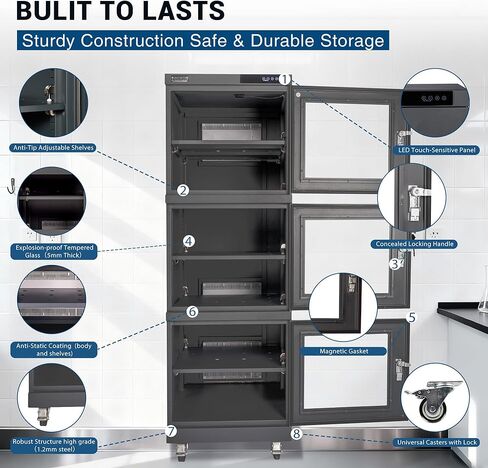 خزانة NARGON 2-40% RH 730L الإلكترونية الجافة، خزانة تجفيف ESD لتخزين العدسات البصرية، مجموعات РСВ، الرقاقة، المكونات الإلكترونية، أشباه الموصلات، المواد الكيميائية المخبرية، الموديل NMC733BF in Kuwait