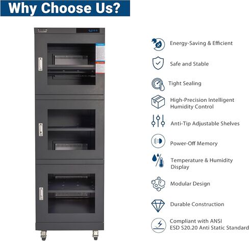 خزانة NARGON 2-40% RH 730L الإلكترونية الجافة، خزانة تجفيف ESD لتخزين العدسات البصرية، مجموعات РСВ، الرقاقة، المكونات الإلكترونية، أشباه الموصلات، المواد الكيميائية المخبرية، الموديل NMC733BF in Kuwait