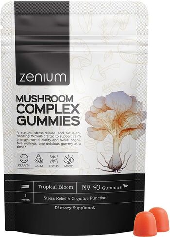 زينيوم - مركب الفطر 90 علكة تحتوي على 5000 مجم من عرف الأسود، و1000 مجم من الريشي والكورديسيبس والمزيد | التخفيف والتوتر والقلق والتهيج | تهدئة العقل والجسم | الايورفيدا | ملحق الإغاثة الطبيعية in Kuwait