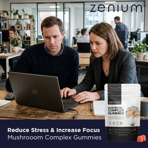 زينيوم - مركب الفطر 90 علكة تحتوي على 5000 مجم من عرف الأسود، و1000 مجم من الريشي والكورديسيبس والمزيد | التخفيف والتوتر والقلق والتهيج | تهدئة العقل والجسم | الايورفيدا | ملحق الإغاثة الطبيعية in Kuwait
