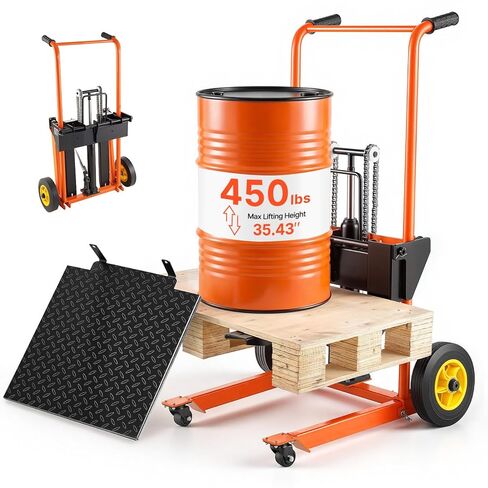 VEVOR Hydraulic Material Lift Winch Stacker, 450 lbs Load Capacity, 35.4'' Max Lifting Height, Pallet Truck Dolly with Fork Lift Table, Foldable & Portable Pallet Jack Table Cart, Orange & Black in Saudi Arabia