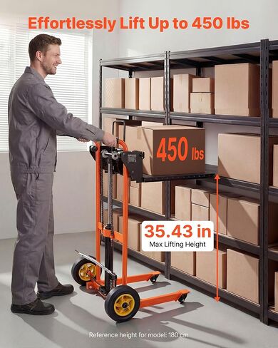 VEVOR Hydraulic Material Lift Winch Stacker, 450 lbs Load Capacity, 35.4'' Max Lifting Height, Pallet Truck Dolly with Fork Lift Table, Foldable & Portable Pallet Jack Table Cart, Orange & Black in Saudi Arabia