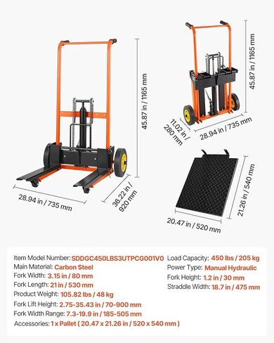 VEVOR Hydraulic Material Lift Winch Stacker, 450 lbs Load Capacity, 35.4'' Max Lifting Height, Pallet Truck Dolly with Fork Lift Table, Foldable & Portable Pallet Jack Table Cart, Orange & Black in Saudi Arabia
