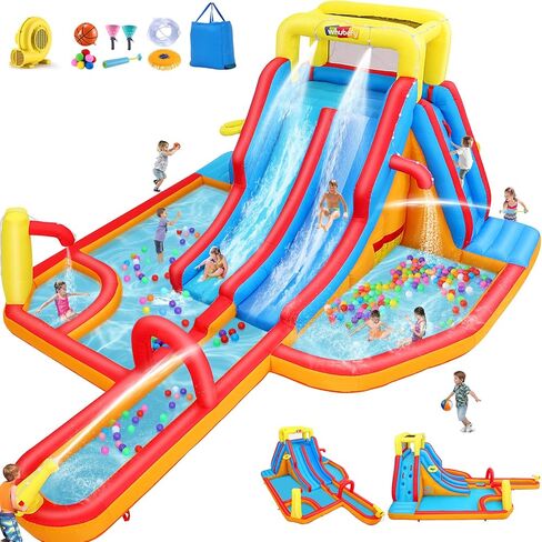 AKEYDIY Bounce House Water Slide Park for Kids 3-10 Backyard, Water Slide W/ 470W Blower, Water Bounce House W/Pool, Long Slide, Pool, Climbing Wall, Tunnel, Pouring Basin, Hoop, Water Cannon in Saudi Arabia