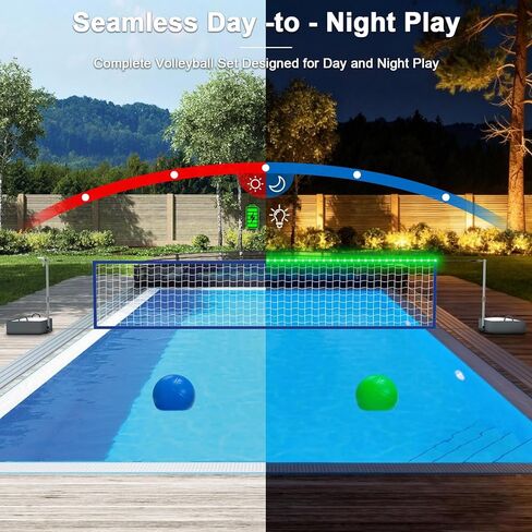 Pool Volleyball Net Set with High Brightness LED Solar Powered Lights, 15ft-32ft Adjustable Portable Volleyball Net with 40L Weighted Base for Inground Pools, 2 Ball & Pump for Family Fun, Party Games in Saudi Arabia