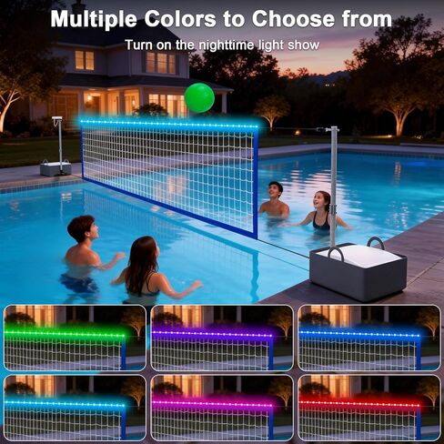 Pool Volleyball Net Set with High Brightness LED Solar Powered Lights, 15ft-32ft Adjustable Portable Volleyball Net with 40L Weighted Base for Inground Pools, 2 Ball & Pump for Family Fun, Party Games in Saudi Arabia