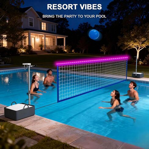 Pool Volleyball Net Set with High Brightness LED Solar Powered Lights, 15ft-32ft Adjustable Portable Volleyball Net with 40L Weighted Base for Inground Pools, 2 Ball & Pump for Family Fun, Party Games in Saudi Arabia