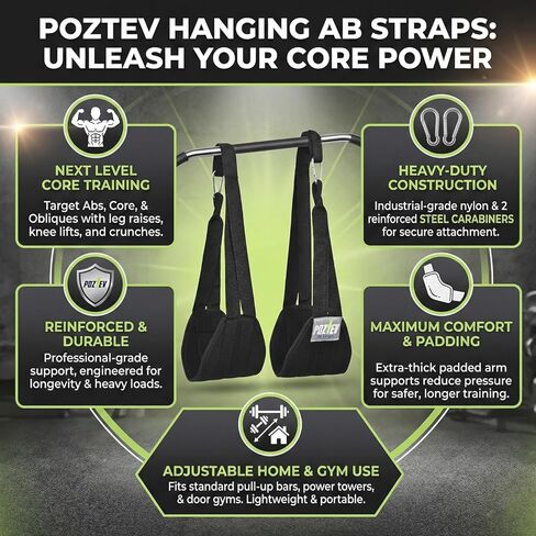 Hanging Ab Straps for Pull Up Bar – Heavy Duty Padded Arm Slings with 2 Steel Carabiners for Leg Raises, Core & Abdominal Workout Equipment – Adjustable Gym Ab Straps for Men and Women - Best for Home & Gym Fitness Training (Pair) in Kuwait