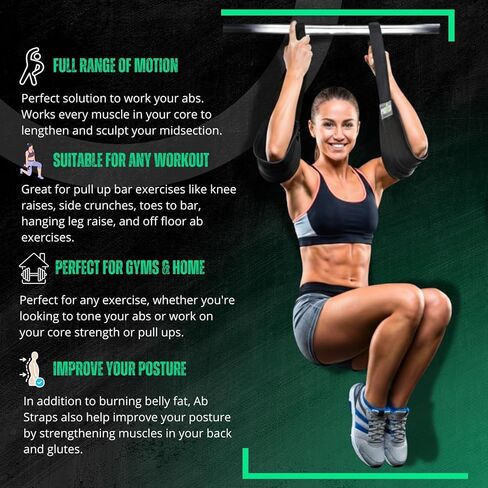 Hanging Ab Straps for Pull Up Bar – Heavy Duty Padded Arm Slings with 2 Steel Carabiners for Leg Raises, Core & Abdominal Workout Equipment – Adjustable Gym Ab Straps for Men and Women - Best for Home & Gym Fitness Training (Pair) in Kuwait