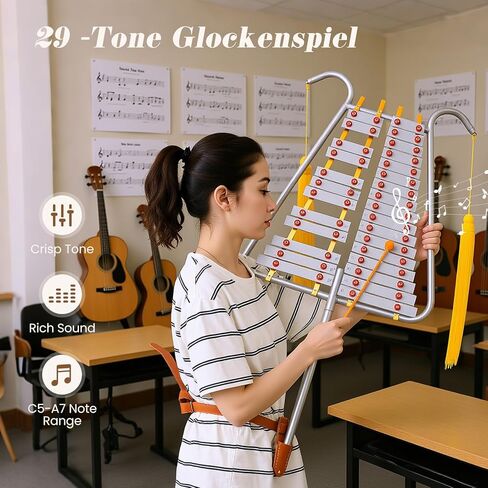 HONEY JOY 29 Notes Glockenspiel Percussion Kit, Aluminum Marching Xylophone w/Adjustable Handle, 2 Mallets, Belt Clip & Belt, Educational Musical Instrument for Adults, Beginners & Professionals in Saudi Arabia