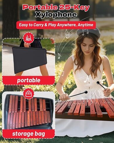 25-Note Portable Wooden Glockenspiel with & Xylophone Two Pairs of Mallets | Professional-Sounding Instrument for Beginners, Early Music Education, and Classroom Learning in Kuwait