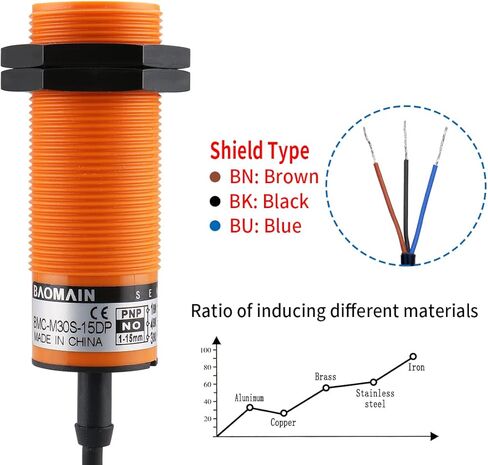 Baomain Capacitive Proximity Sensor, Cylindrical M30 Plastic, Sn 15 mm, 3-Wire PNP Output, VDC Input, NO Contacts, Cable 2 mm BMC-M30S-15DP in Kuwait