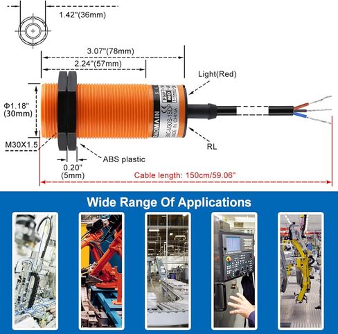 Baomain Capacitive Proximity Sensor, Cylindrical M30 Plastic, Sn 15 mm, 3-Wire PNP Output, VDC Input, NO Contacts, Cable 2 mm BMC-M30S-15DP in Kuwait