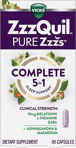 ZzzQuil Pure Zzzs Complete Sleep, Melatonin 10mg, L-Theanine, GABA, with Ashwagandha, and Magnesium, Melatonin Sleep Aid, 60 Count in Kuwait