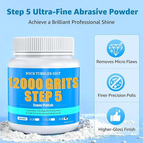 Rock Tumbler Polish – 12000 Grit Aluminum Oxide for Final Finish, Step 5 Advanced Polishing Grit for Higher Gloss, Rocks, Gems, Glass & Jewelry Making, Ultra-Fine Polish Refill, 1 lb in Kuwait