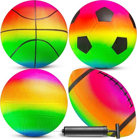 Rainbow Sports Balls for Kids & Toddlers - (Pack of 4) 8.5-Inch Neon Sport Ball Set Includes Football, Soccer, Basketball, & Playground Balls, Inflatable Indoor & Outdoor Fun Toys - Birthday Gift in Kuwait