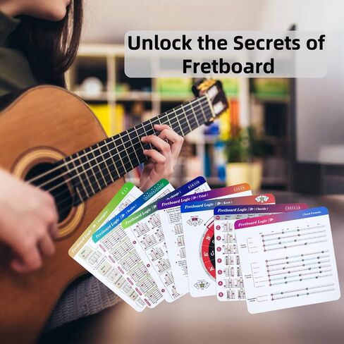 Guitar Chords Chart Pack for Guitar, Guitar Fretboard Logic - Guitar Chords, Chord Formula, Scales, Keys, Triads, Arpeggios. Music Learning Tool, Guitar Theory Cheat Sheet, 8 * 8inch 7 Cards in Kuwait
