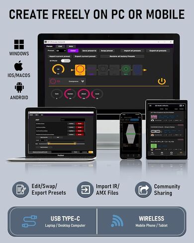 دواسة جيتار KE1 لأجهزة Android/IOS، دواسة تأثيرات متعددة مع 61 مؤثرًا، 20 AMP/CAB، 36 فتحة محددة مسبقًا، محمل IR/AMX، استرجاع سجل OTG USB-C، دواسة ترددية لتأخير موالف لاسلكي قابل لإعادة الشحن in Kuwait