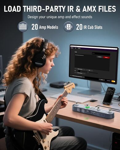 دواسة جيتار KE1 لأجهزة Android/IOS، دواسة تأثيرات متعددة مع 61 مؤثرًا، 20 AMP/CAB، 36 فتحة محددة مسبقًا، محمل IR/AMX، استرجاع سجل OTG USB-C، دواسة ترددية لتأخير موالف لاسلكي قابل لإعادة الشحن in Kuwait