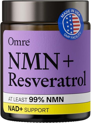 OMRE NMN + مكمل ريسفيراترول 99% نقاء للطاقة الخلوية، NAD+ Boost | مكمل نيكوتيناميد أحادي النوكليوتيد عالي التوافر بيولوجيًا ريسفيراترول 500 مجم وNMN 500 مجم، صنع في الولايات المتحدة الأمريكية، 60 كبسولة in Kuwait