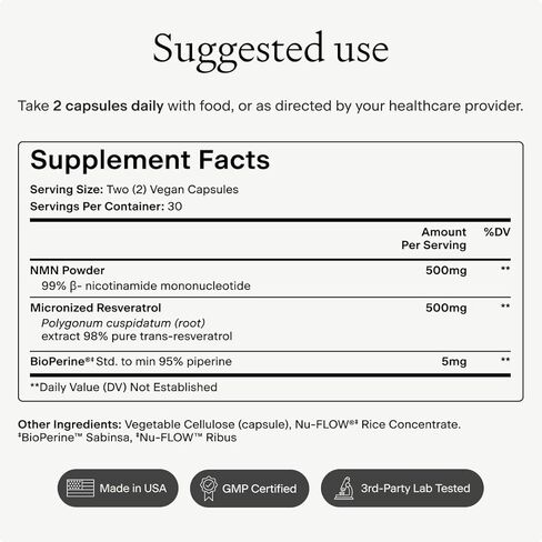 OMRE NMN + مكمل ريسفيراترول 99% نقاء للطاقة الخلوية، NAD+ Boost | مكمل نيكوتيناميد أحادي النوكليوتيد عالي التوافر بيولوجيًا ريسفيراترول 500 مجم وNMN 500 مجم، صنع في الولايات المتحدة الأمريكية، 60 كبسولة in Kuwait