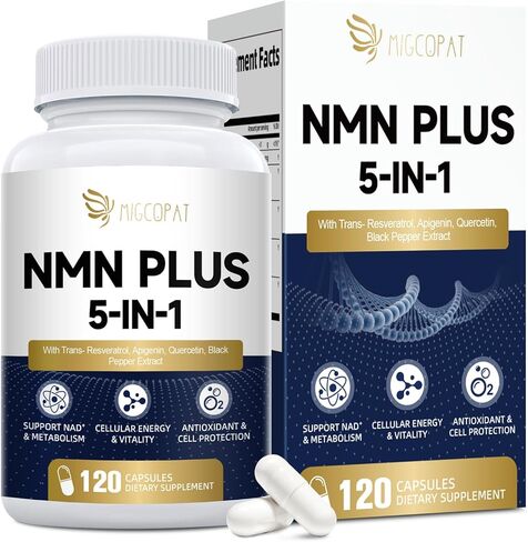 مكمل NMN 1000 مجم - مكمل NMNH البديل 5 في 1 NAD مع ريسفيراترول وأبيجينين وكيرسيتين والفلفل الأسود - يدعم الطاقة الخلوية والشيخوخة الصحية وطول العمر - 120 كبسولة نباتية in Kuwait