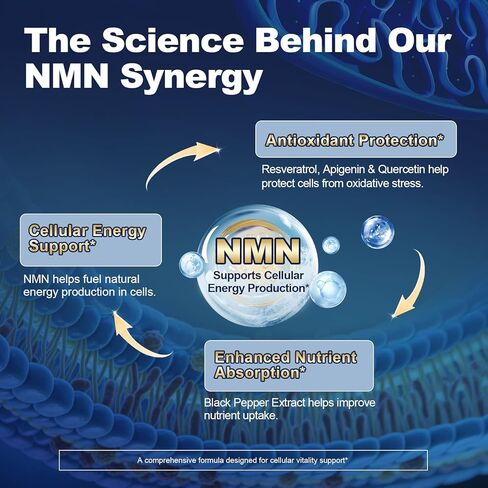 مكمل NMN 1000 مجم - مكمل NMNH البديل 5 في 1 NAD مع ريسفيراترول وأبيجينين وكيرسيتين والفلفل الأسود - يدعم الطاقة الخلوية والشيخوخة الصحية وطول العمر - 120 كبسولة نباتية in Kuwait