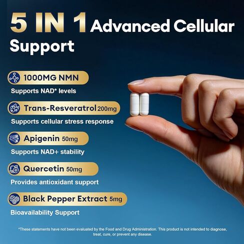 مكمل NMN 1000 مجم - مكمل NMNH البديل 5 في 1 NAD مع ريسفيراترول وأبيجينين وكيرسيتين والفلفل الأسود - يدعم الطاقة الخلوية والشيخوخة الصحية وطول العمر - 120 كبسولة نباتية in Kuwait