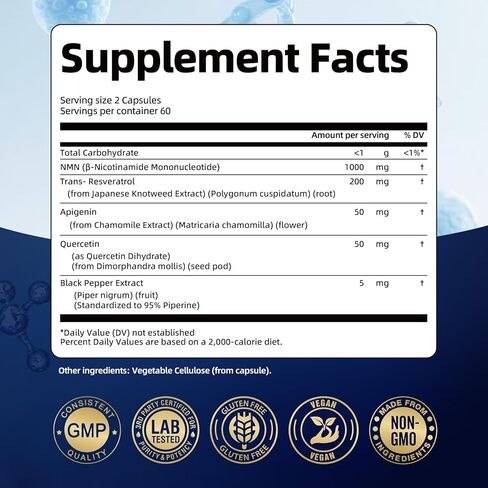 مكمل NMN 1000 مجم - مكمل NMNH البديل 5 في 1 NAD مع ريسفيراترول وأبيجينين وكيرسيتين والفلفل الأسود - يدعم الطاقة الخلوية والشيخوخة الصحية وطول العمر - 120 كبسولة نباتية in Kuwait