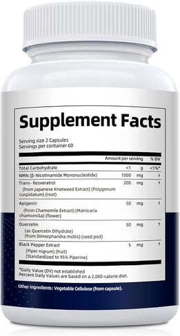 مكمل NMN 1000 مجم - مكمل NMNH البديل 5 في 1 NAD مع ريسفيراترول وأبيجينين وكيرسيتين والفلفل الأسود - يدعم الطاقة الخلوية والشيخوخة الصحية وطول العمر - 120 كبسولة نباتية in Kuwait