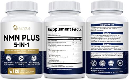 مكمل NMN 1000 مجم - مكمل NMNH البديل 5 في 1 NAD مع ريسفيراترول وأبيجينين وكيرسيتين والفلفل الأسود - يدعم الطاقة الخلوية والشيخوخة الصحية وطول العمر - 120 كبسولة نباتية in Kuwait