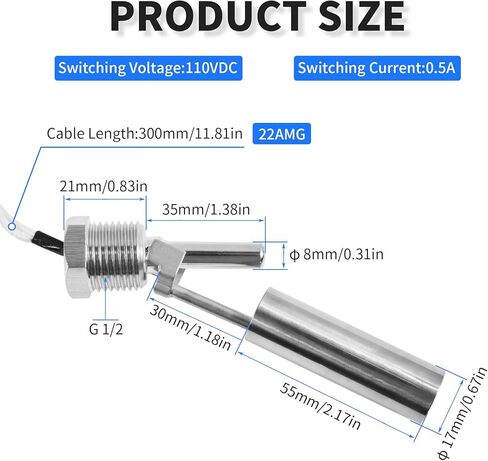 Stainless Steel Float Switch Water Level Sensor Side Mounted Water Level Controller Sensor Switch G1/2 for Smart Toilet Solar Tank Pool Pump Liquid Control Length 115mm Silver in Saudi Arabia