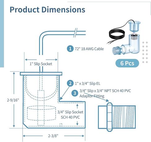 6 PCS SS2 AC Float Switches, L Shape AC Float Switch with 3/4 in Adapter and 6 ft Wire, Water Level Sensor Switch for AC Drain Line and Condensate Overflow Detection in Kuwait