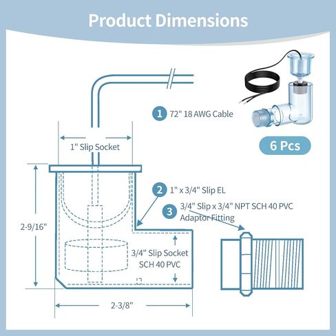6 PCS SS2 AC Float Switches, L Shape AC Float Switch with 3/4 in Adapter and 6 ft Wire, Water Level Sensor Switch for AC Drain Line and Condensate Overflow Detection in Kuwait