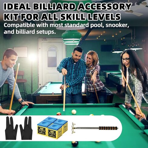 Pool Cue Bridge Head Kit with 2 Billiard Gloves & 4 Cue Chalks – Complete Billiards Accessory Set for Pool Tables, Smooth Stroke Gloves, Premium Cues Chalk, Universal Bridge Head for Precise Shots in Saudi Arabia