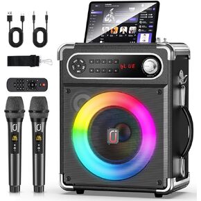 Karaoke Machine with 2 Wireless Microphones,【Upgraded 6.5"Woofer & 2"Tweeter】Portable Bluetooth 5.3 Karaoke Speaker, PA System with Bass/Treble/Echo Adjustment, Supports USB/AUX/TF/TWS for Home Party in Kuwait
