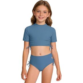 الفتيات المايوه 2 قطعة Crewneck قصيرة الأكمام المحاصيل قمم وموجزات مطابقة مجموعة الرباط ملابس السباحة ثوب السباحة in Kuwait