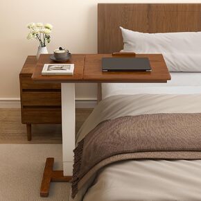 Solid Wood Overbed Bedside Table with Hidden Casters, Adjustable Hospital Bed Table Rolling Laptop Desk with Split Dual Desktop & Pneumatic Gas Spring Lift for Hospital, Home Use (Natural) in Saudi Arabia