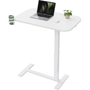 Marsail 28×16" Overbed Table with Wheels and 360° Cup Holder, Height-Adjustable Pneumatic Bedside Table, Mobile Computer Standing Desk for Home Office, White in Kuwait