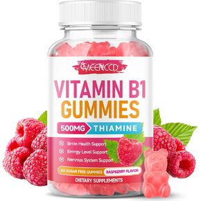 Vitamin B1 Gummies 500mg, Thiamine B1 Supplement Supports Energy Production, B1 Vitamin for Adults & Kids, Sugar-Free, Vegan, Raspberry Flavor, 60 Count in Kuwait
