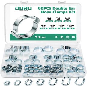 110PCS Double Ear Hose Clamps Kit with Standard Jaw Pincer, 9 Sizes 5-25mm Galvanized Steel Crimp Rings for Hoses, Tubes, and Pipelines in Kuwait