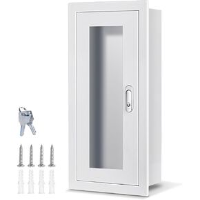 Semi Recessed Fire Extinguisher Cabinet for 5-12 pounds Extinguisher, White Baked Enamel Steel Fire Extinguisher Mount with Lock for Indoor Outdoor, Wall Cabinet with Full Clear Acrylic Door in Kuwait