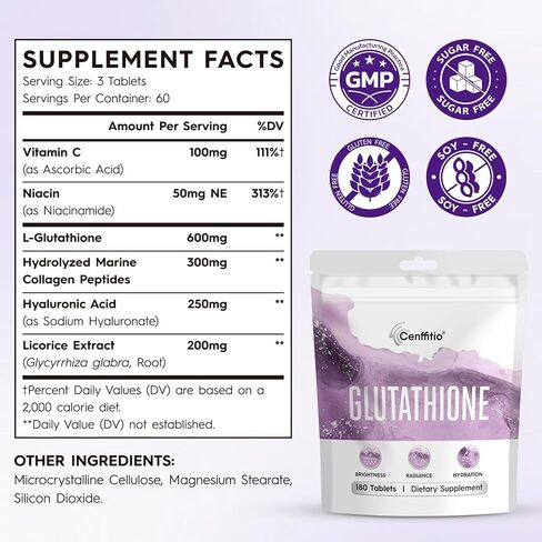 مكمل الجلوتاثيون - تركيبة تفتيح البشرة مع فيتامين C والنياسيناميد ومستخلص عرق السوس والكولاجين وحمض الهيالورونيك - لإشراق البشرة وإشراقها وترطيبها - 180 قرصًا in Kuwait