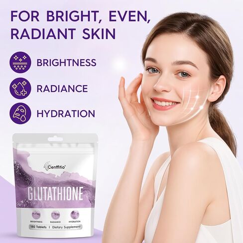 مكمل الجلوتاثيون - تركيبة تفتيح البشرة مع فيتامين C والنياسيناميد ومستخلص عرق السوس والكولاجين وحمض الهيالورونيك - لإشراق البشرة وإشراقها وترطيبها - 180 قرصًا in Kuwait