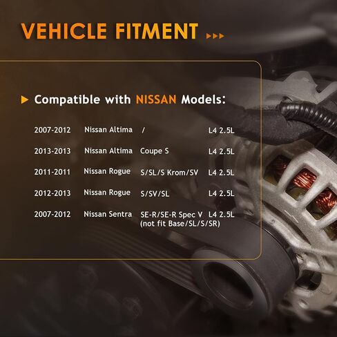 New Alternator Compatible With 2.5L Nissan 2007-2012 Altima, 2007 2008 2009 2010 2011 2012 Sentra, 2011-2013 Rogue, 2014 2015 Rogue Select L4, 400-40102 AL2407X 23100-JA02A AVA0074 TG12C032 in Kuwait