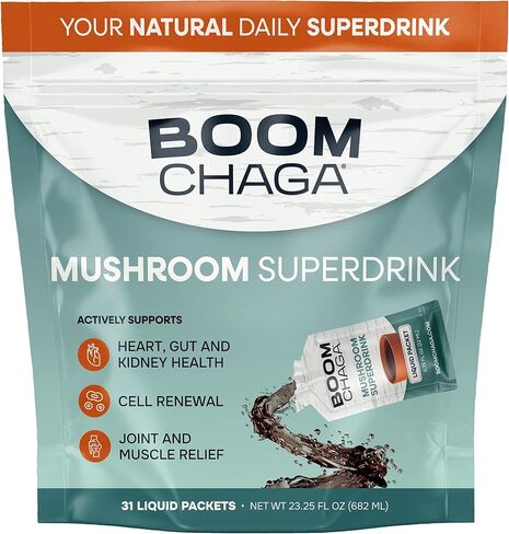 BOOM Chaga Mushroom Superdrink، مركز سائل فطر شاجا الخالي من الأكسالات، معزز يومي لمضادات الأكسدة، 31 عبوة فردية in Saudi Arabia