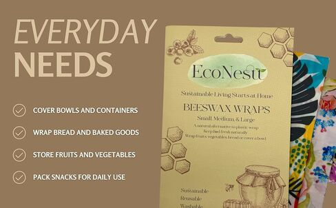 Beeswax Food Wraps (3-Pack S/M/L) – Reusable & Washable Food Storage Wraps, Plastic-Free Alternative for Sandwiches, Produce & Bowls in Saudi Arabia